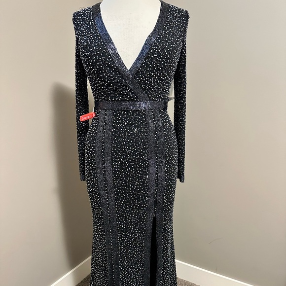 SOLD - Mac Duggal Long Sleeve Beaded Gown - Picture 5 of 9